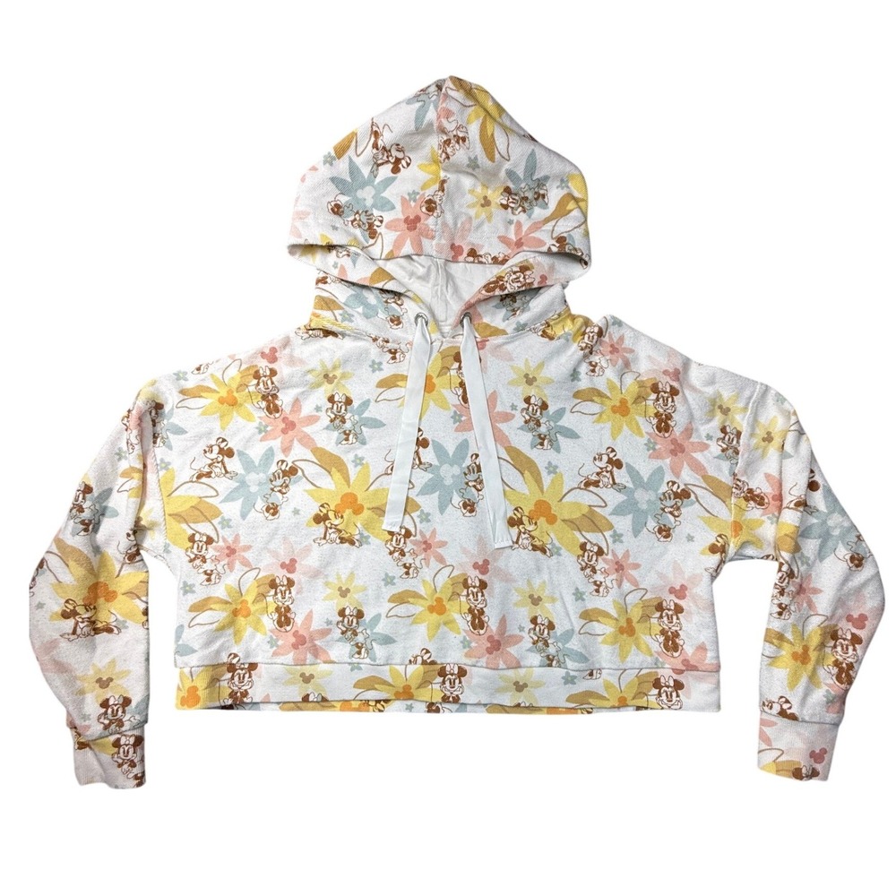 Disney Mickey Minnie Mouse Floral Cropped Hoodie White Large Retro Flower Print